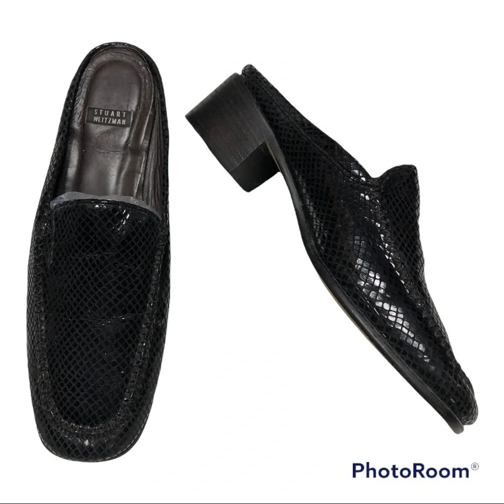 STUART WEITZMAN SNAKE PRINT LEATHER SLIDE IN MULES/LOAFERS DESIGNER - Picture 1 of 7